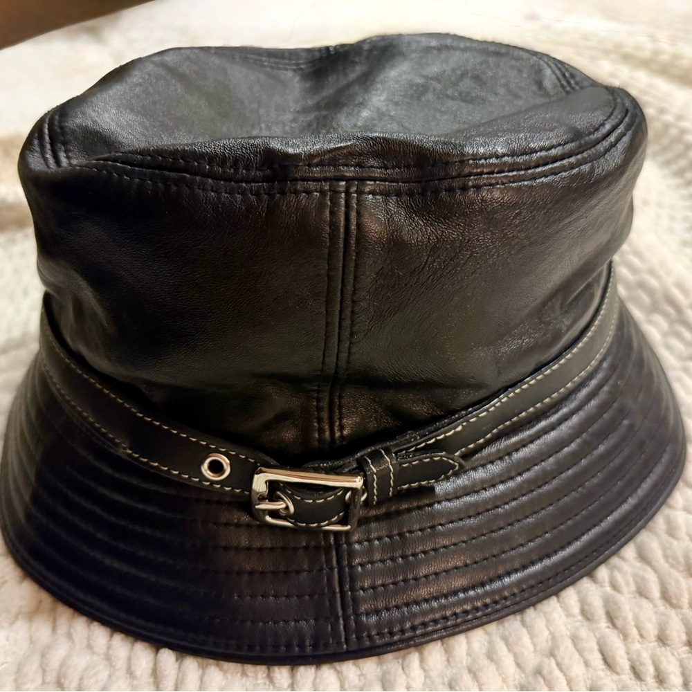 Coach Black Leather Bucket Hat with Buckle Trim